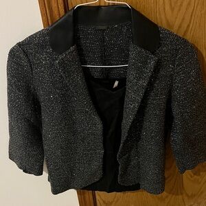 Eli Tahari Women's Black Shimmer Jacket, Leather Collar,  Faux Leather Tank Top